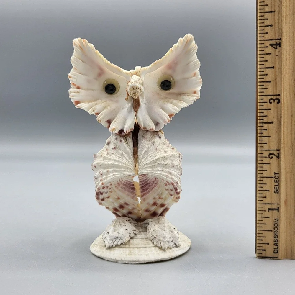 Vintage Googly Eyes Handcrafted Seashell Owl Beach decor Boho Folk Art 4
